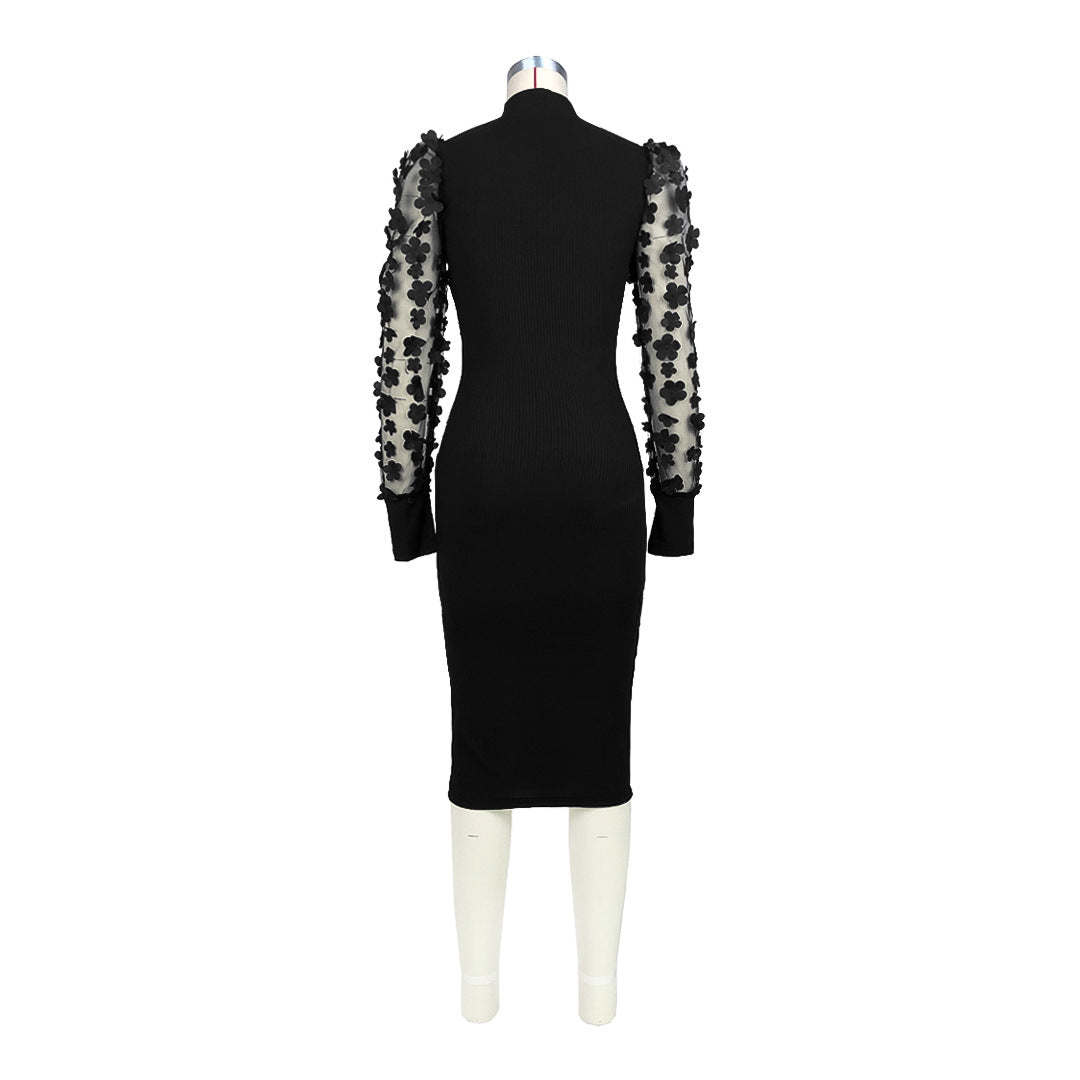 Women Clothing Three Dimensional Petals Mesh Sleeves Rib Fabric One Piece Collar Dress by Ragazza