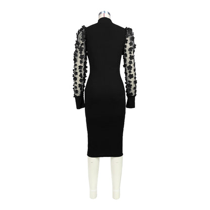 Women Clothing Three Dimensional Petals Mesh Sleeves Rib Fabric One Piece Collar Dress by Ragazza