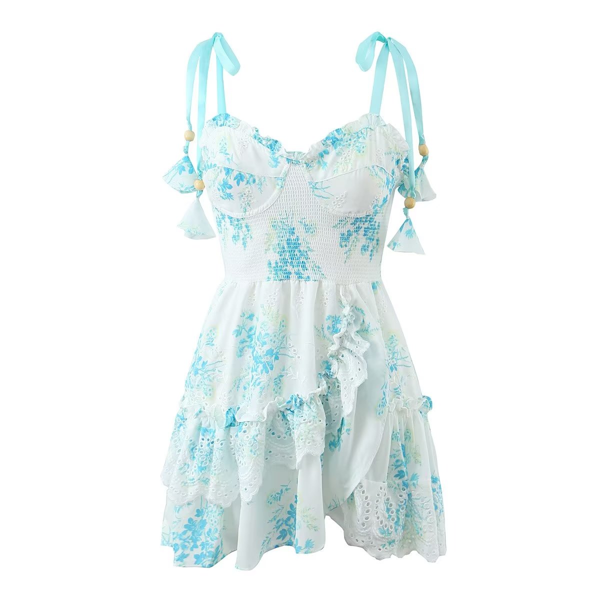 Autumn Embroidered Shoulder Strap Beaded Wooden Ear Printing Slip Dress by Ragazza