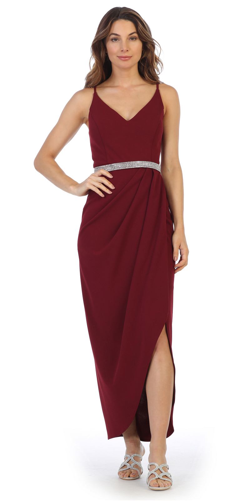 CLEARANCE - Spaghetti Strap Belted Faux-Wrap Style Long Formal Dress (Size XL) by DiscountDressShop