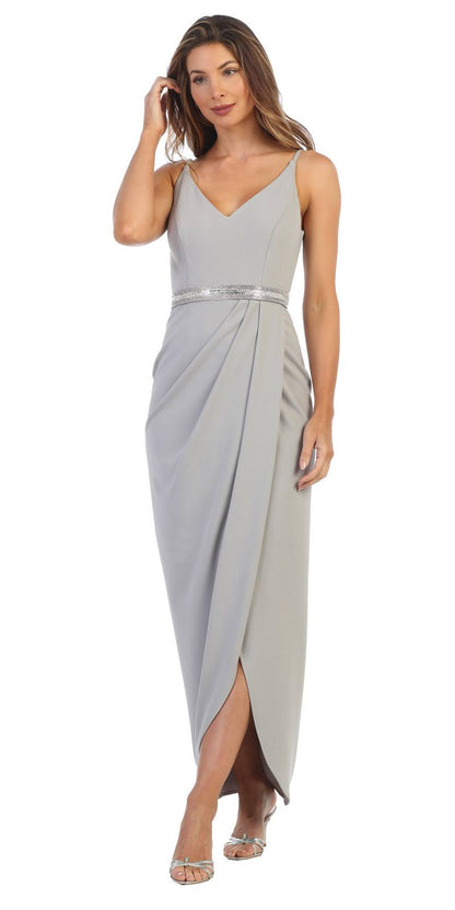 CLEARANCE - Spaghetti Strap Belted Faux-Wrap Style Long Formal Dress (Size XL) by DiscountDressShop