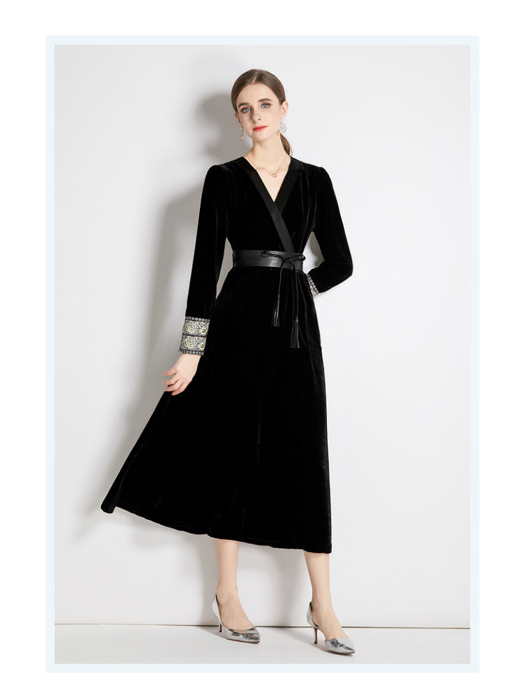 Women Fall Winter Long Sleeve V Neck A Line Midi Dress by Ragazza