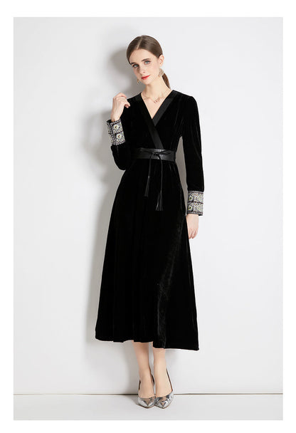 Women Fall Winter Long Sleeve V Neck A Line Midi Dress by Ragazza