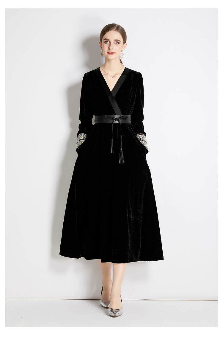 Women Fall Winter Long Sleeve V Neck A Line Midi Dress by Ragazza