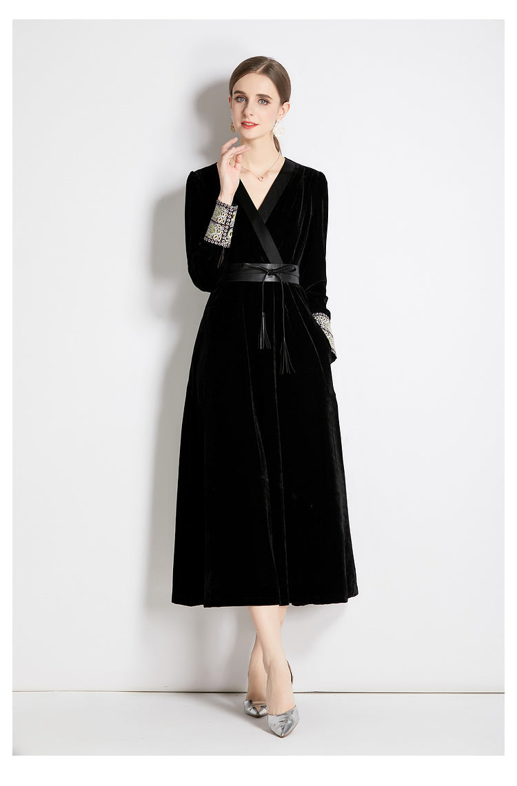 Women Fall Winter Long Sleeve V Neck A Line Midi Dress by Ragazza