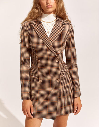 Women Wear Brushed Houndstooth Double Breasted Collared Long Sleeve Blazer Dresses by Ragazza