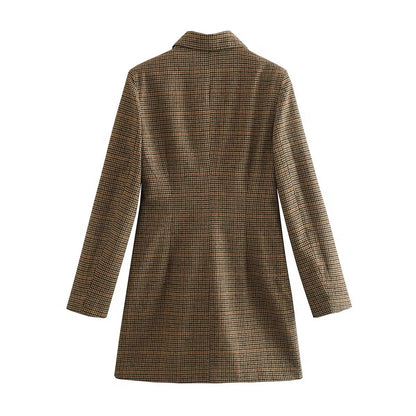 Women Wear Brushed Houndstooth Double Breasted Collared Long Sleeve Blazer Dresses by Ragazza