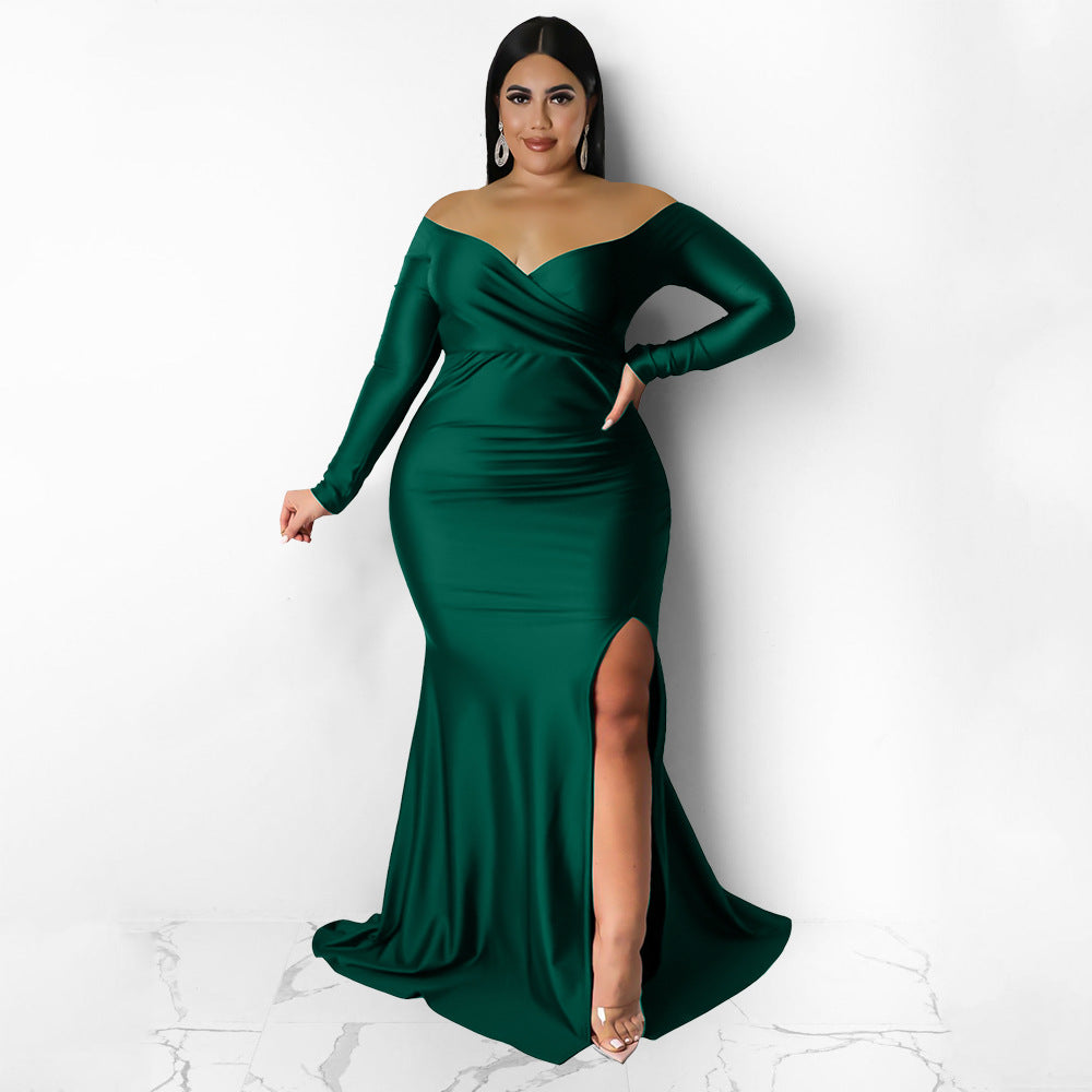 Plus Size Women Clothes Sexy Dress Nightclub V neck Formal Dress Solid Color Split Maxi Dress Autumn Winter Women by Ragazza