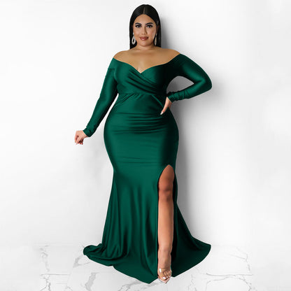 Plus Size Women Clothes Sexy Dress Nightclub V neck Formal Dress Solid Color Split Maxi Dress Autumn Winter Women 