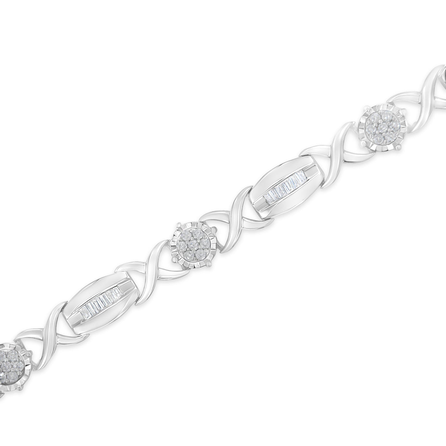 .925 Sterling Silver 1.0 Cttw Round-Cut and Baguette-Cut Diamond X-Link Bracelet (I-J Color, I1-I2 Clarity) - 7" by Bids.com
