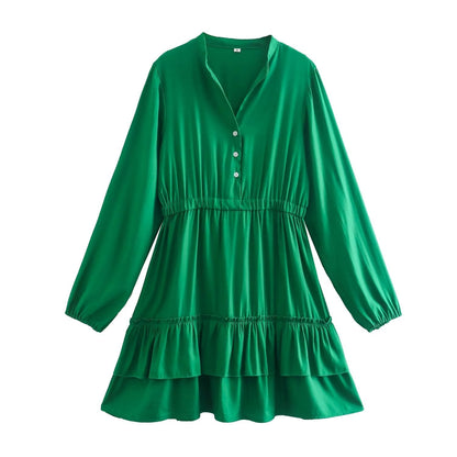 Winter Women Clothing Stand Collar Solid Color Double Fold Ruffled Laminated Long Sleeve Dress by Ragazza