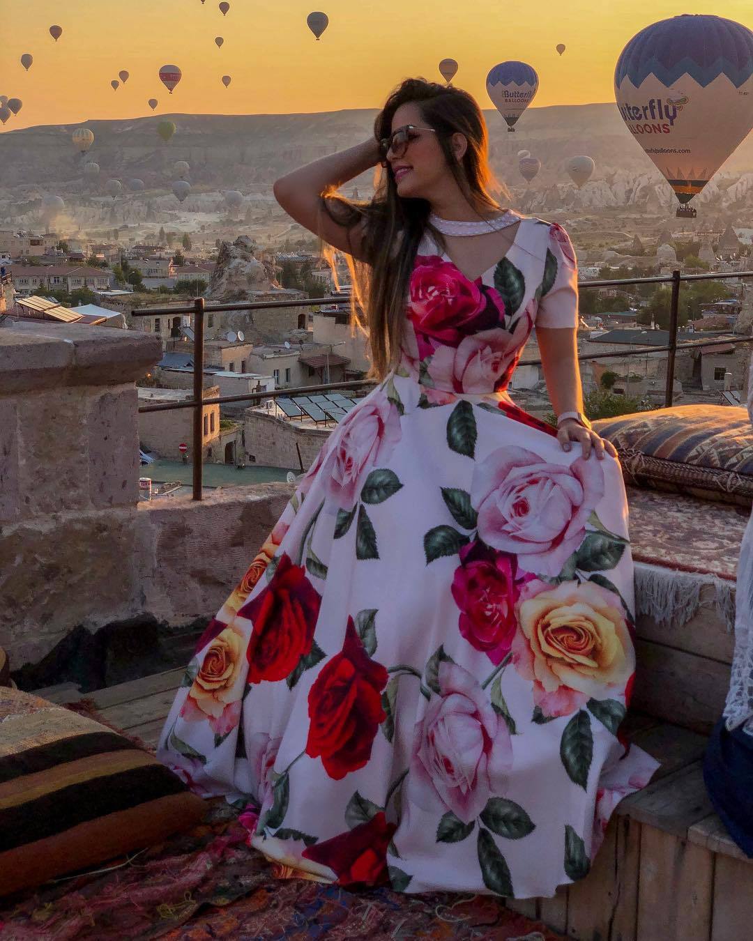 Spring Rose 3D Printing Large Swing Bead Stitching Short Sleeve Dress by Ragazza