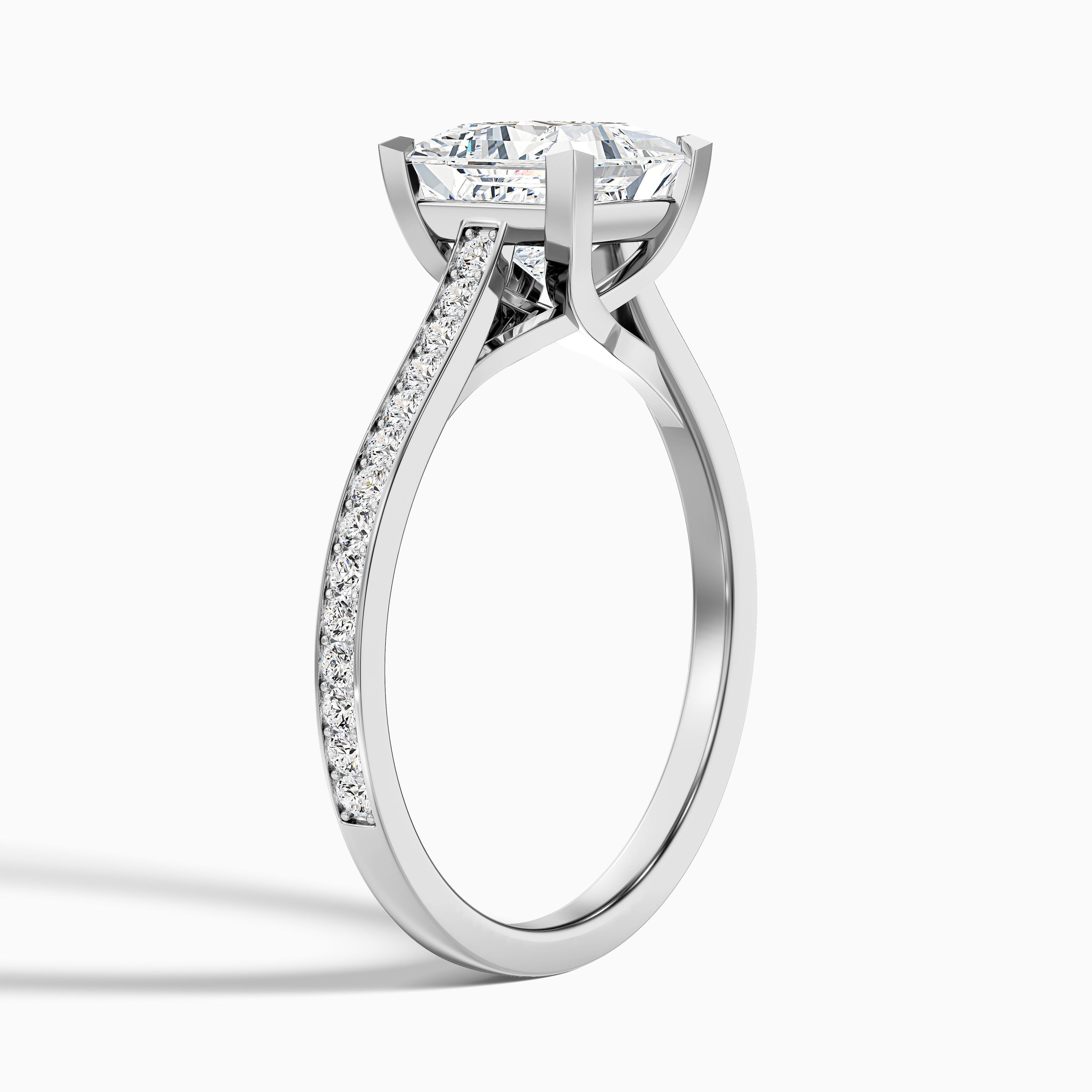 Tia 2.5 Carat Princess Cut Side Stone Pave Moissanite Engagement Ring in 10k White Gold