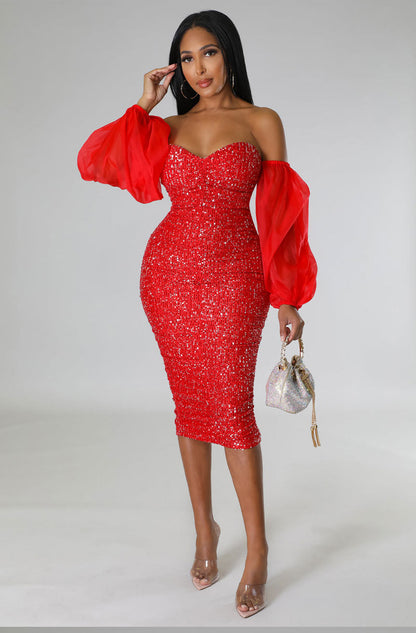 Women Clothing Sexy French Long Sleeve Dress Slim Fit Sequin Hip Tight Sexy by Ragazza