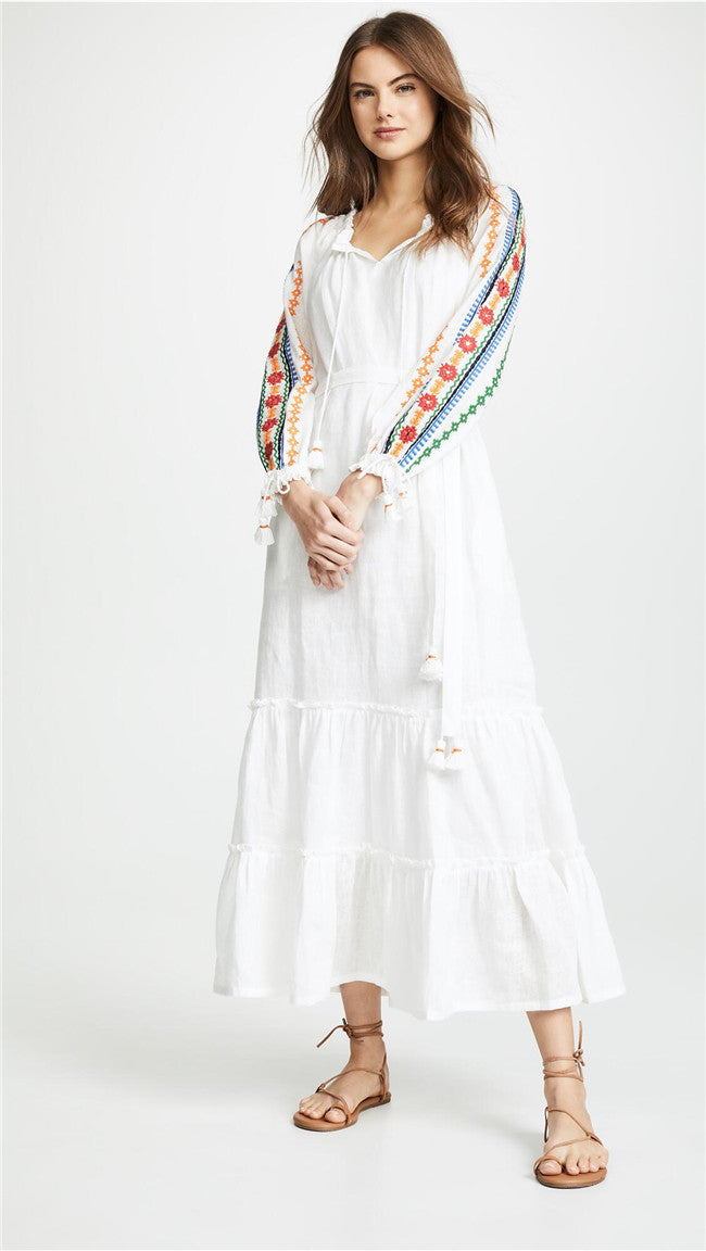 Women Spring And Summer Bohemian Holiday Style Strap Embroidered Tassel Long Sleeve Dress by Ragazza