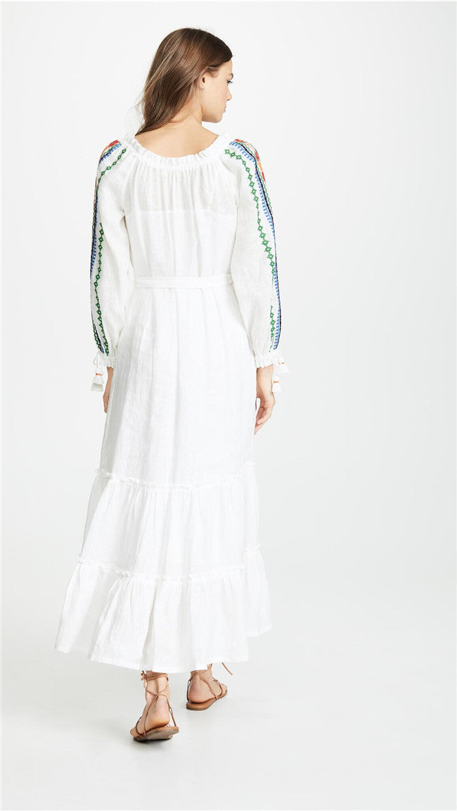 Women Spring And Summer Bohemian Holiday Style Strap Embroidered Tassel Long Sleeve Dress by Ragazza