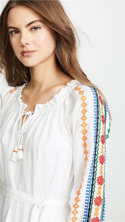 Women Spring And Summer Bohemian Holiday Style Strap Embroidered Tassel Long Sleeve Dress by Ragazza