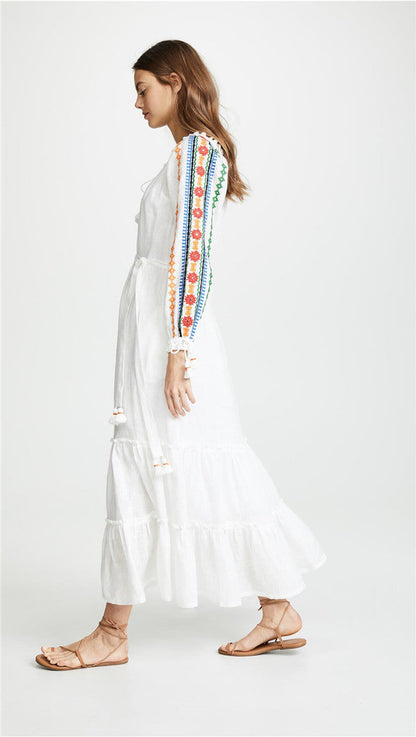 Women Spring And Summer Bohemian Holiday Style Strap Embroidered Tassel Long Sleeve Dress by Ragazza