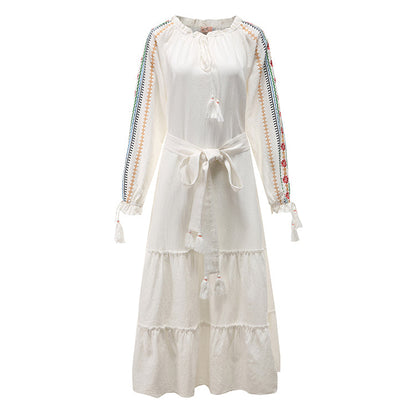 Women Spring And Summer Bohemian Holiday Style Strap Embroidered Tassel Long Sleeve Dress by Ragazza