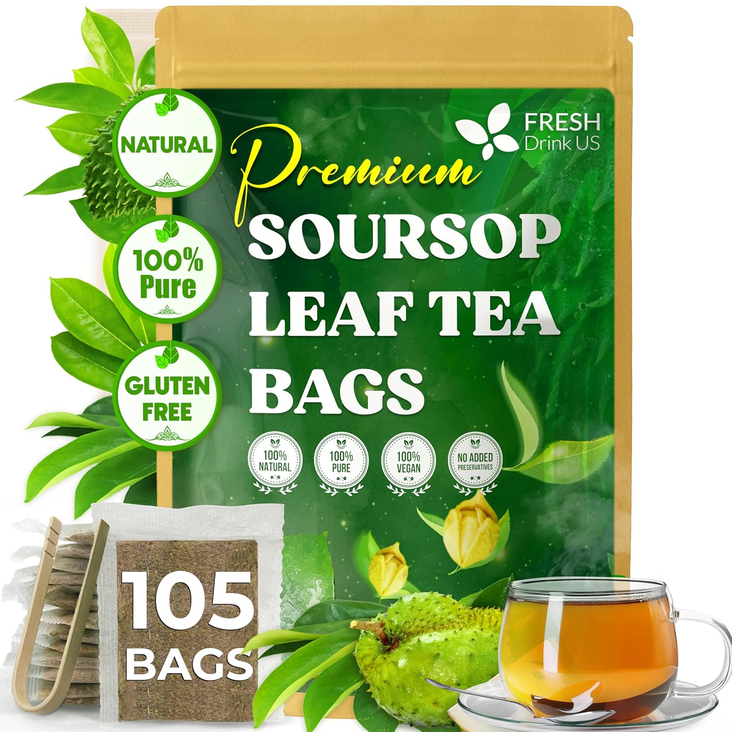 Premium Soursop Leaves Tea bags, Dried Soursop Leaves, Soursop Leaf Powder, Guanabana Leaves Tea, Hoja Guanabana Tea by FreshDrinkUS - Natural and Premium Herbal Tea