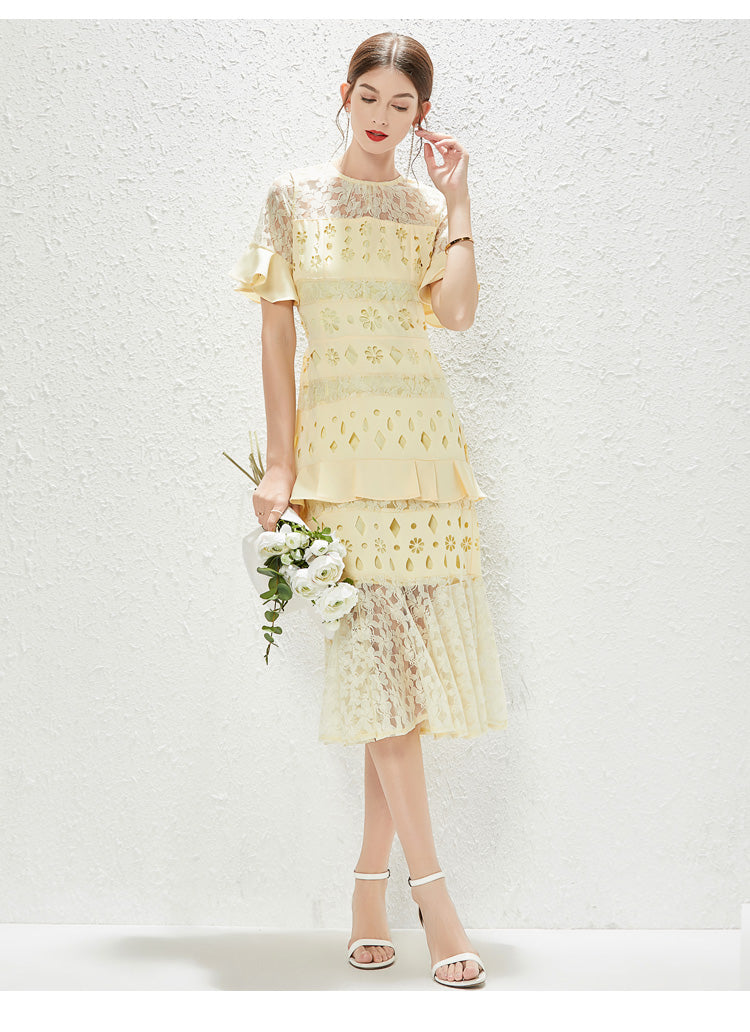 Walk Show New Fashion High end Women Hollow Lace Fishtail Hip Wrap Dress by Ragazza