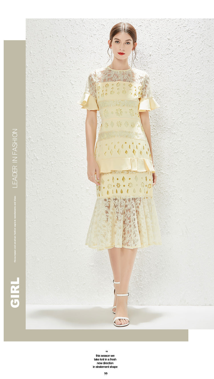 Walk Show New Fashion High end Women Hollow Lace Fishtail Hip Wrap Dress by Ragazza