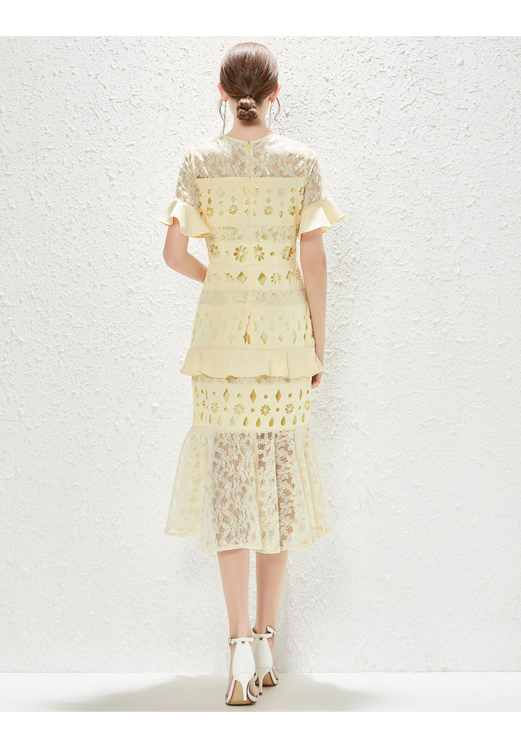 Walk Show New Fashion High end Women Hollow Lace Fishtail Hip Wrap Dress by Ragazza