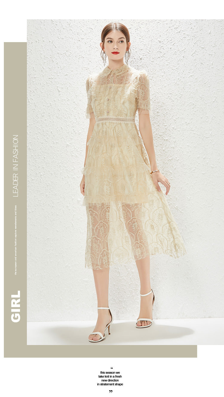 New Heavy Industry Embroidery Lace Lapel Waist Mesh Dress by Ragazza