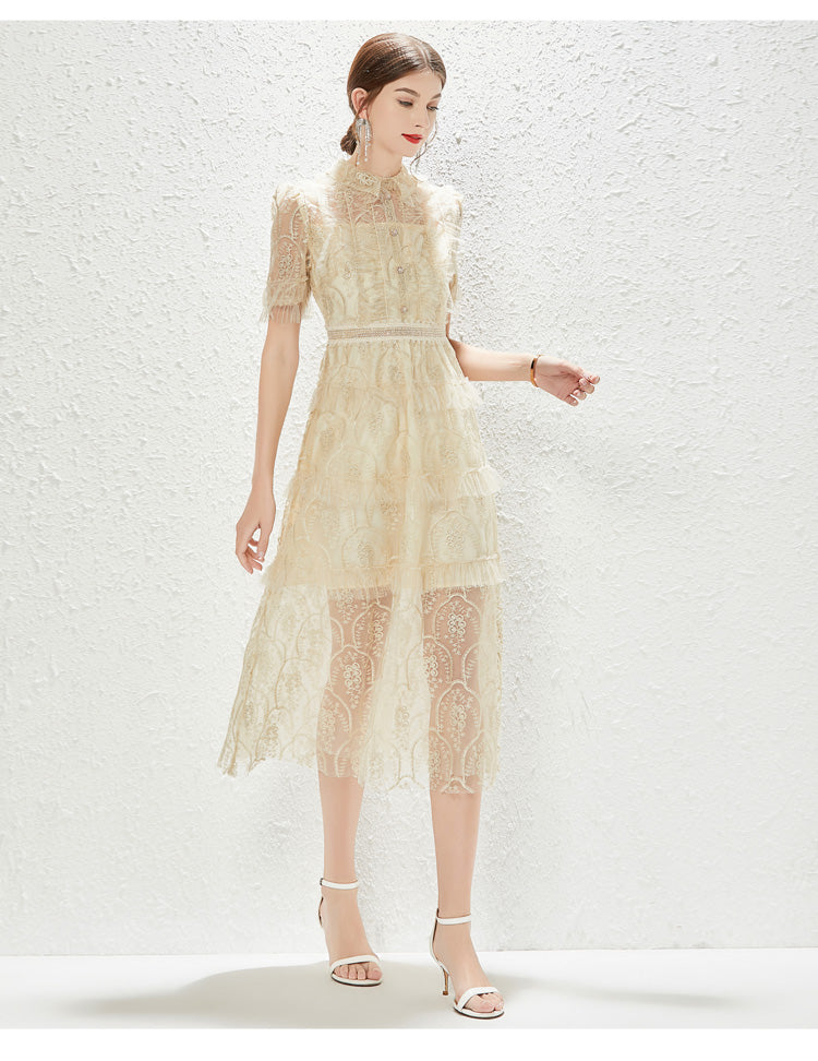 New Heavy Industry Embroidery Lace Lapel Waist Mesh Dress by Ragazza