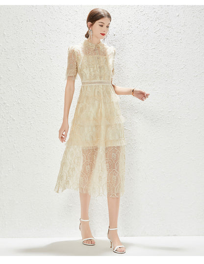 New Heavy Industry Embroidery Lace Lapel Waist Mesh Dress by Ragazza