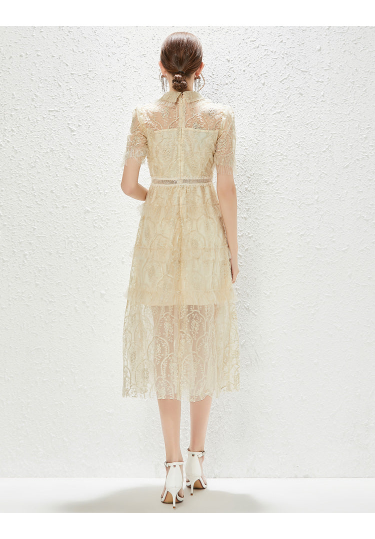 New Heavy Industry Embroidery Lace Lapel Waist Mesh Dress by Ragazza