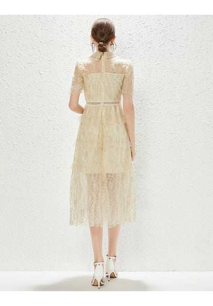 New Heavy Industry Embroidery Lace Lapel Waist Mesh Dress by Ragazza