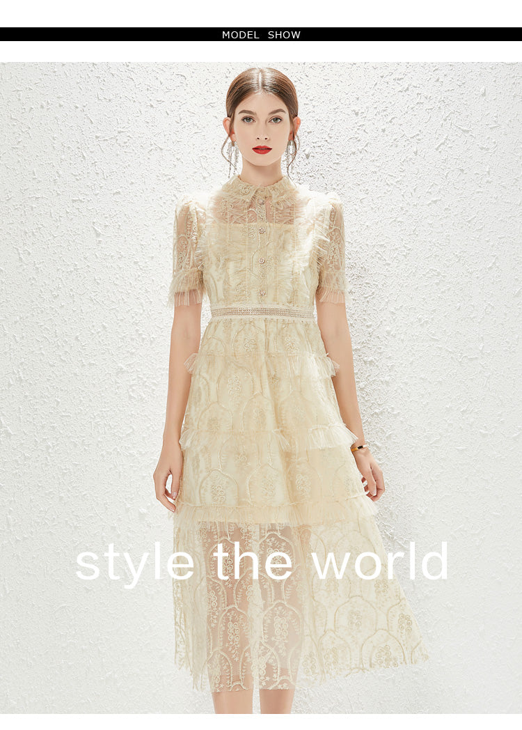 New Heavy Industry Embroidery Lace Lapel Waist Mesh Dress by Ragazza