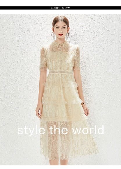 New Heavy Industry Embroidery Lace Lapel Waist Mesh Dress by Ragazza