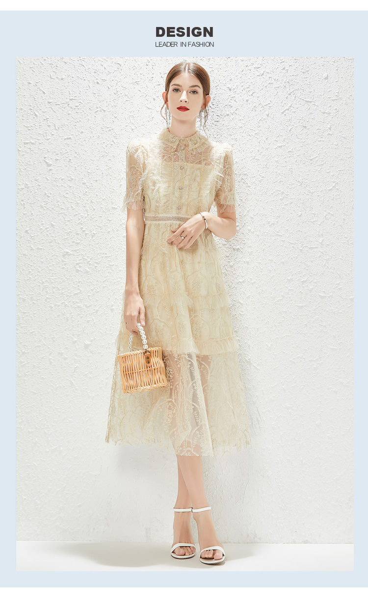 New Heavy Industry Embroidery Lace Lapel Waist Mesh Dress by Ragazza