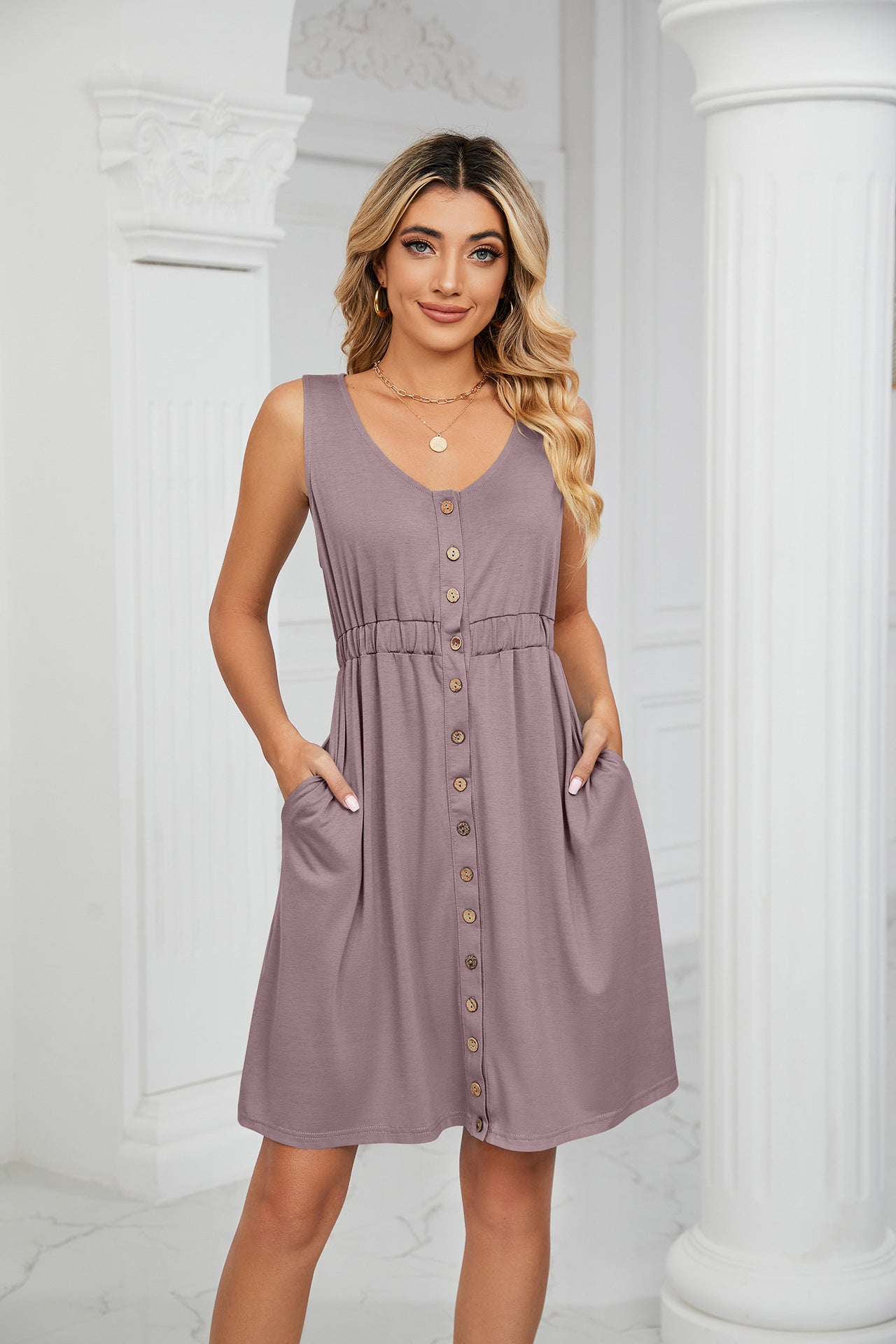 Spring Summer Solid Color Sleeveless Button Pocket Crew Neck Split Waist Dress by Ragazza