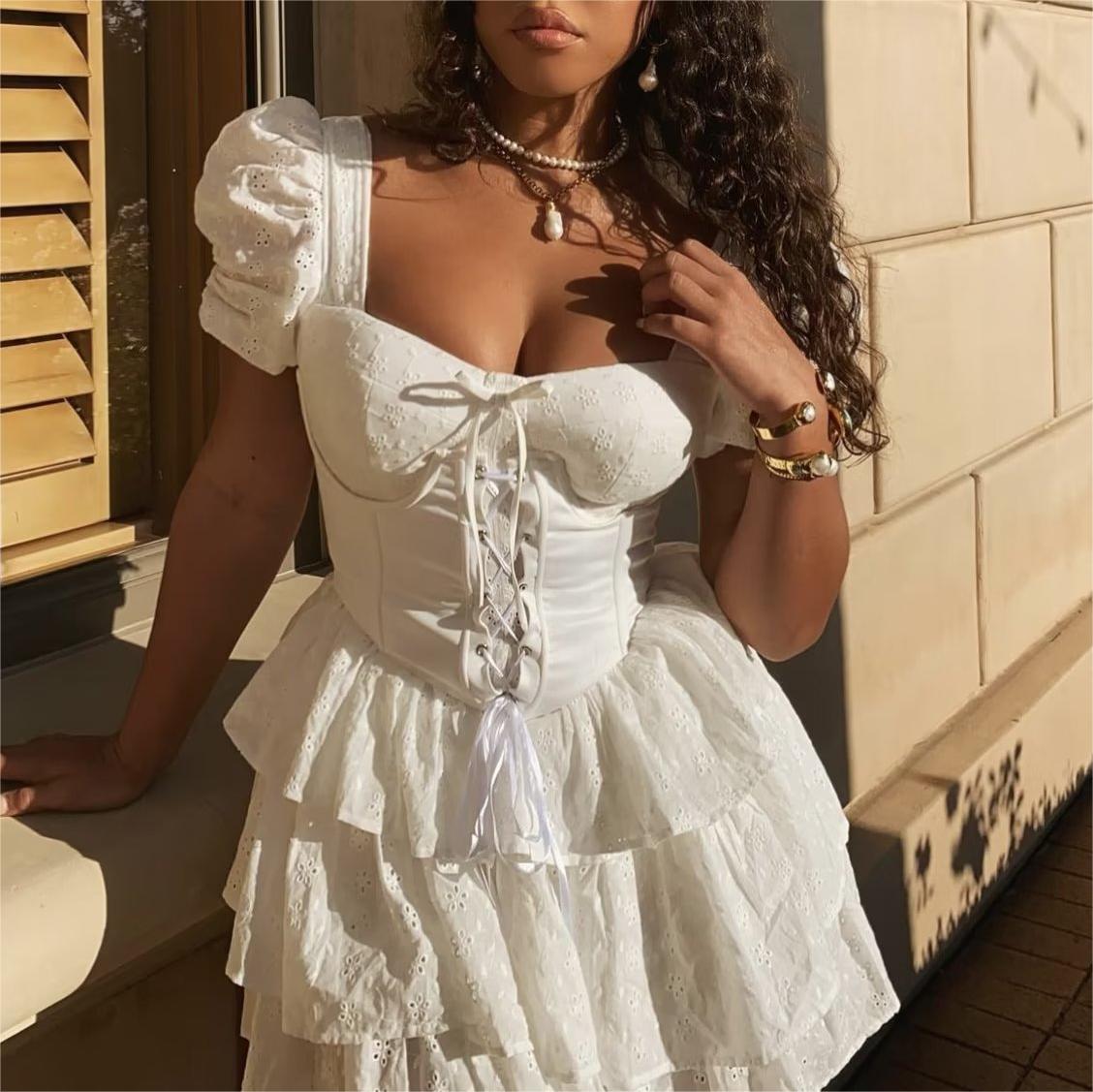 ThreeDimensional Boning Corset Embroidered Waist OnePiece Culotte Women Spring Summer Slimming Pleated Hollow Out Cutout Dress by Ragazza