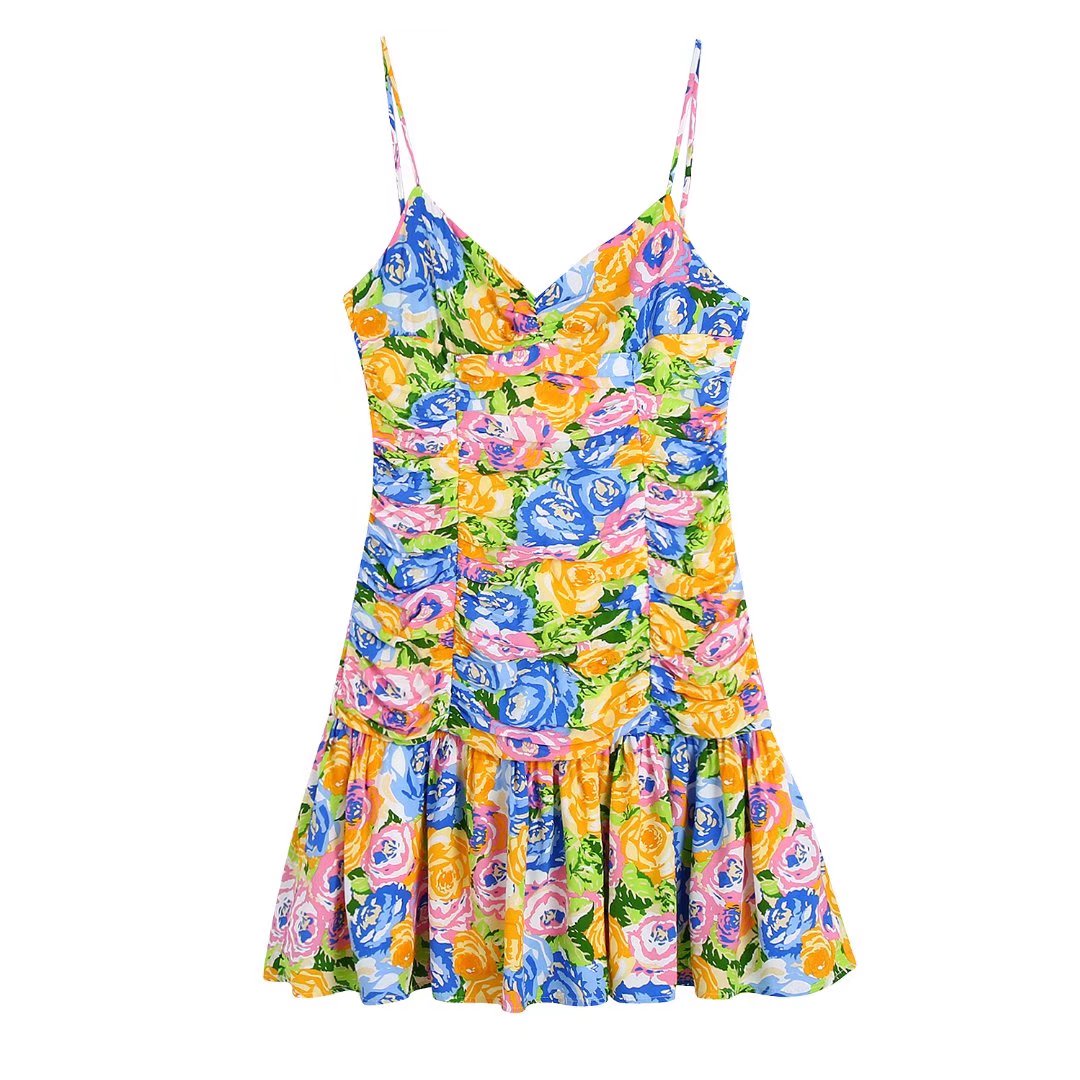 Summer Small Fresh V neck Yellow Printings Pleated Dress for Women by Ragazza