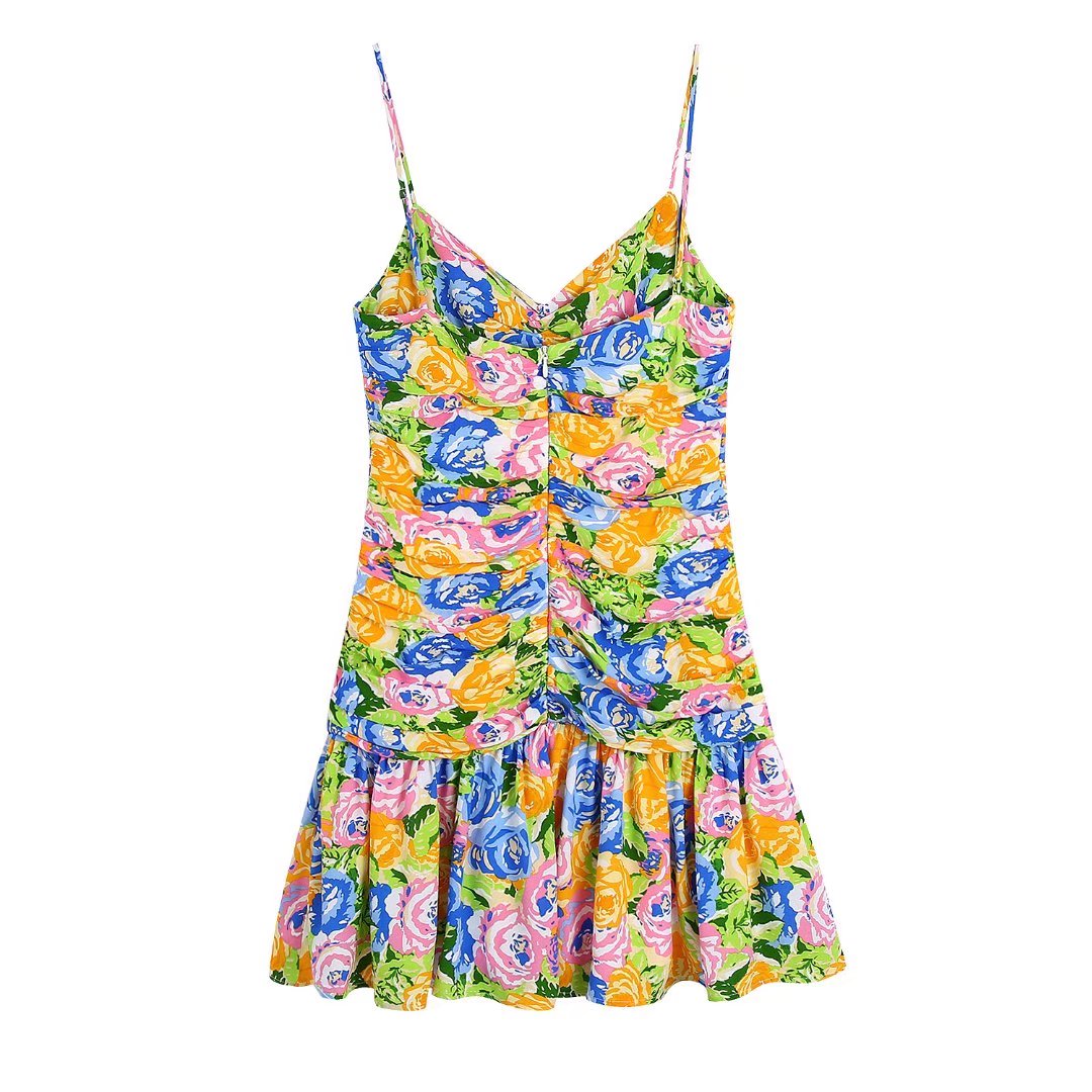 Summer Small Fresh V neck Yellow Printings Pleated Dress for Women by Ragazza