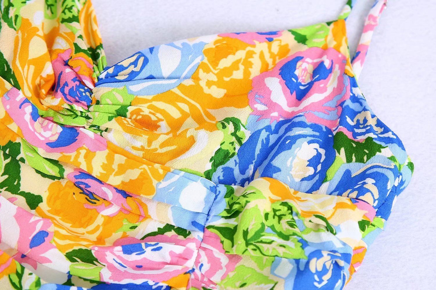Summer Small Fresh V neck Yellow Printings Pleated Dress for Women by Ragazza