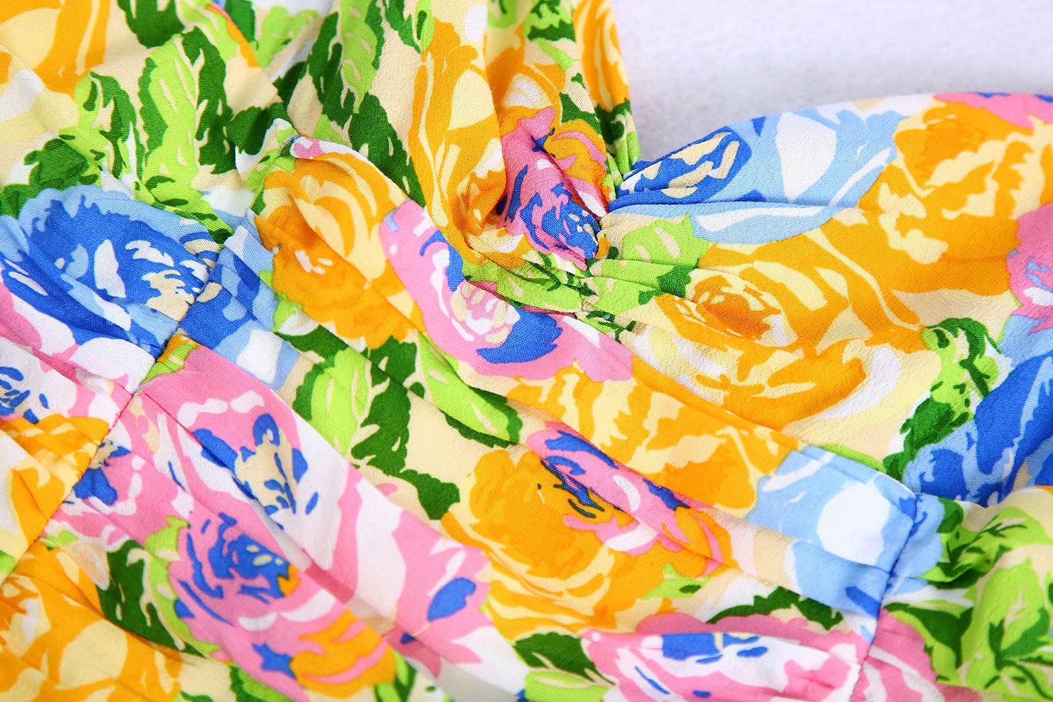 Summer Small Fresh V neck Yellow Printings Pleated Dress for Women by Ragazza