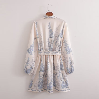 Spring Women Clothing Positioning Printing Pullover V neck Series Belt Long Sleeve Dress by Ragazza