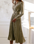 Women Clothing Winter V neck Belt Pleated Dress  DestGlow