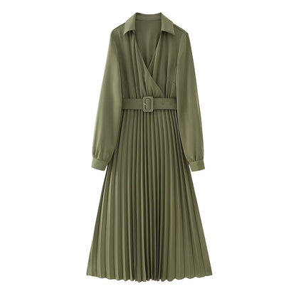 Women Clothing Winter V neck Belt Pleated Dress  DestGlow