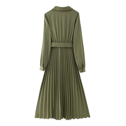 Women Clothing Winter V neck Belt Pleated Dress  DestGlow