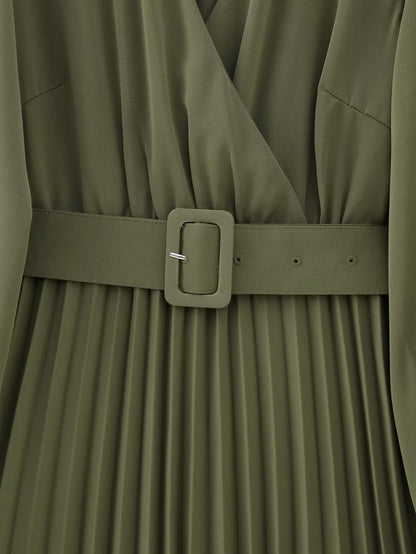 Women Clothing Winter V neck Belt Pleated Dress  DestGlow