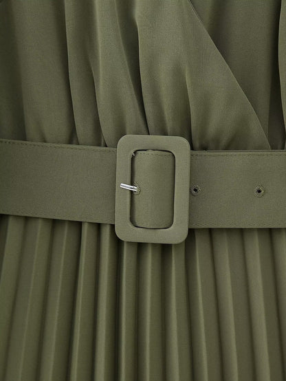 Women Clothing Winter V neck Belt Pleated Dress  DestGlow