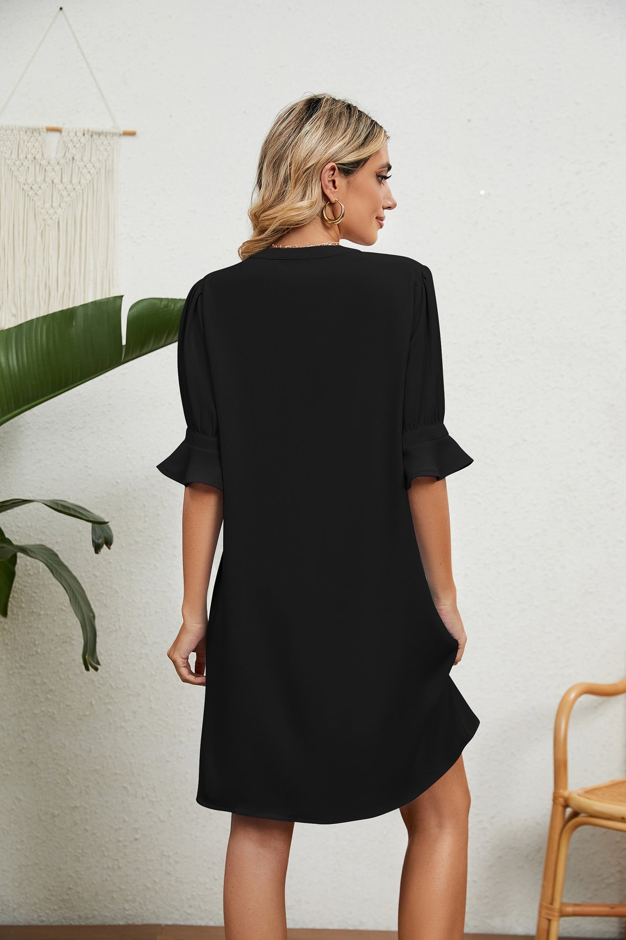 Summer Solid Color V neck Loose Pleated Half Length Sleeve Dress Women by Ragazza