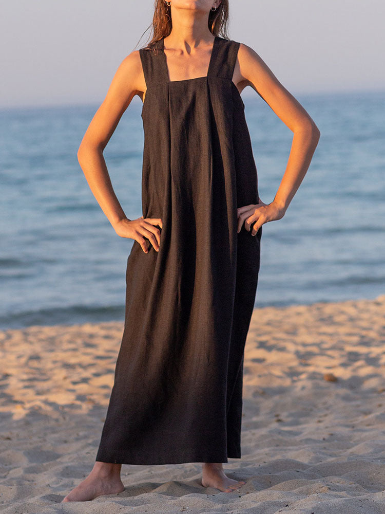 Ramie Sleeveless Maxi Dress Spring Summer French Design Loose Linen Cotton Linen Square Collar Cami Dress by Ragazza