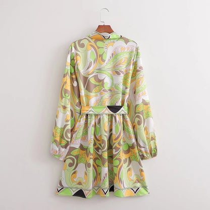 Sources Vintage Printed V neck Waist Controlled Long Sleeves Mid Length Dress Spring Summer Plus Size Slimming Dress 
